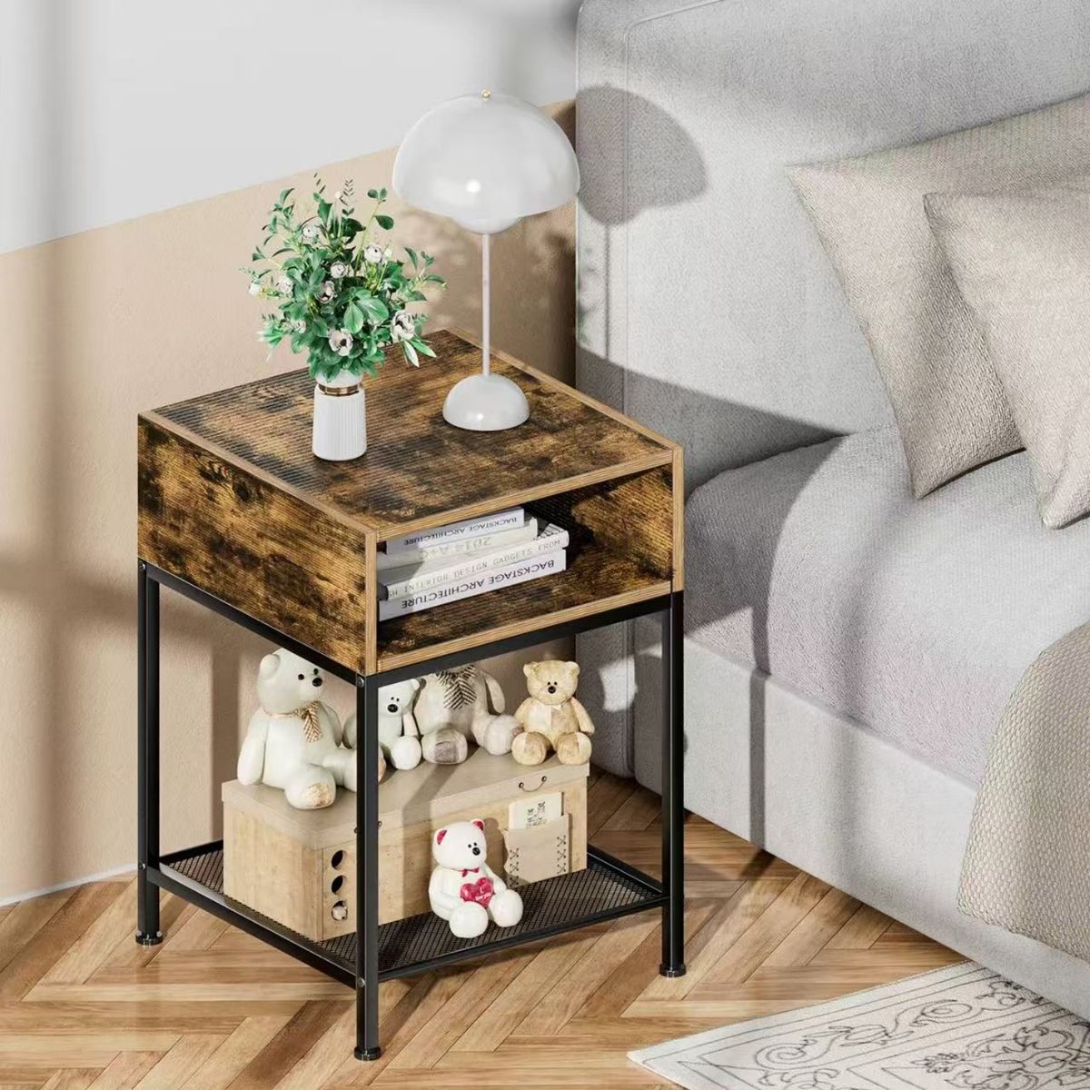 IDEEHOUSE - Velador Mesa Auxiliar Lateral De 2 Niveles - Madera Mate Marrón