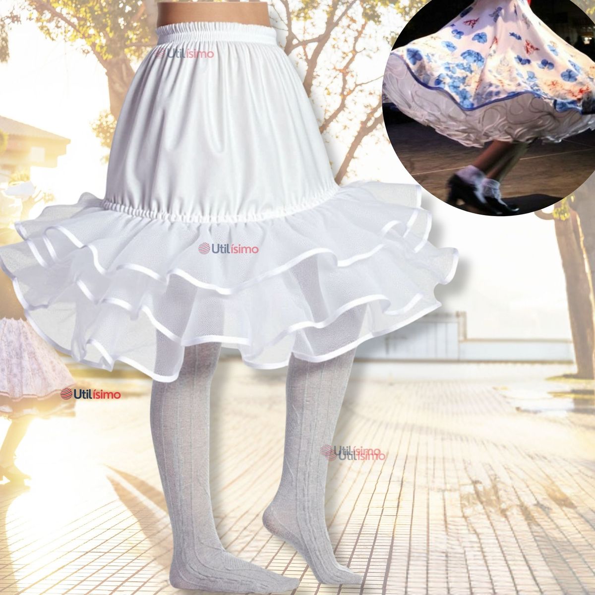 UTILISIMO - Falso para Vestido Niña Juvenil Fiestas Patrias Color Blanco