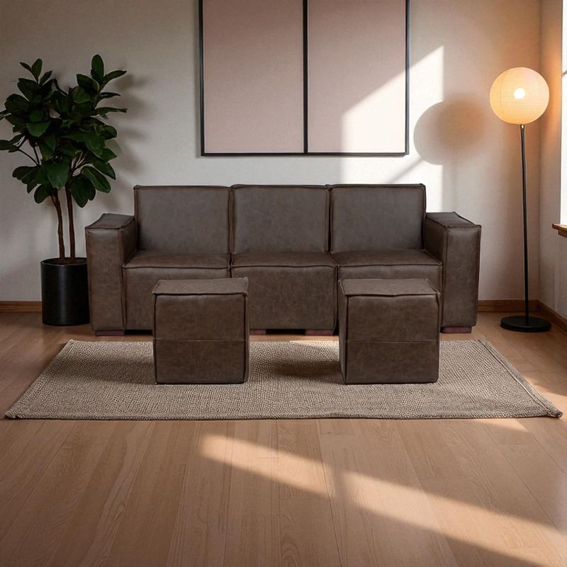 GENERICO - Sofá Modular Fortaleza 3 Cuerpos y 2 Poufs Cuero Reconstituido Café