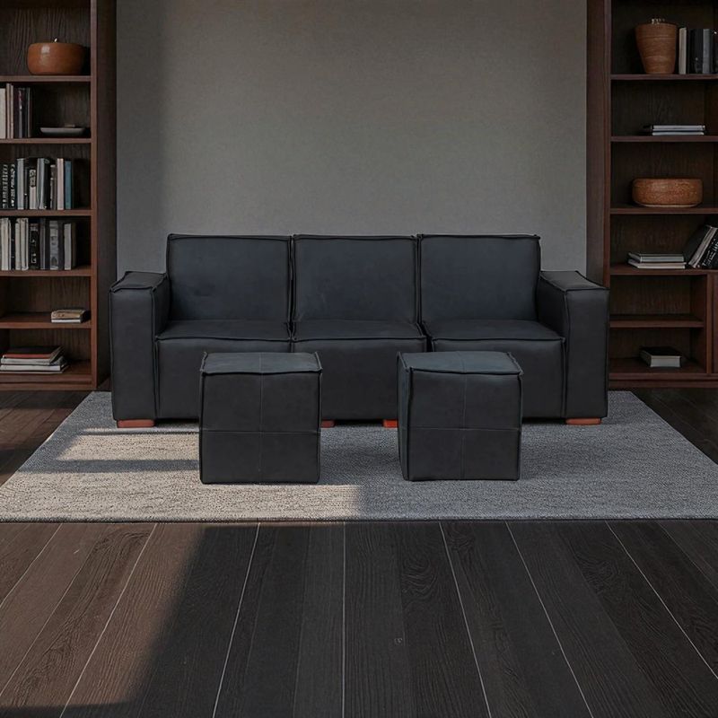 GENERICO - Sofá Modular Fortaleza 3 Cuerpos y 2 Poufs Cuero Reconstituido Negro