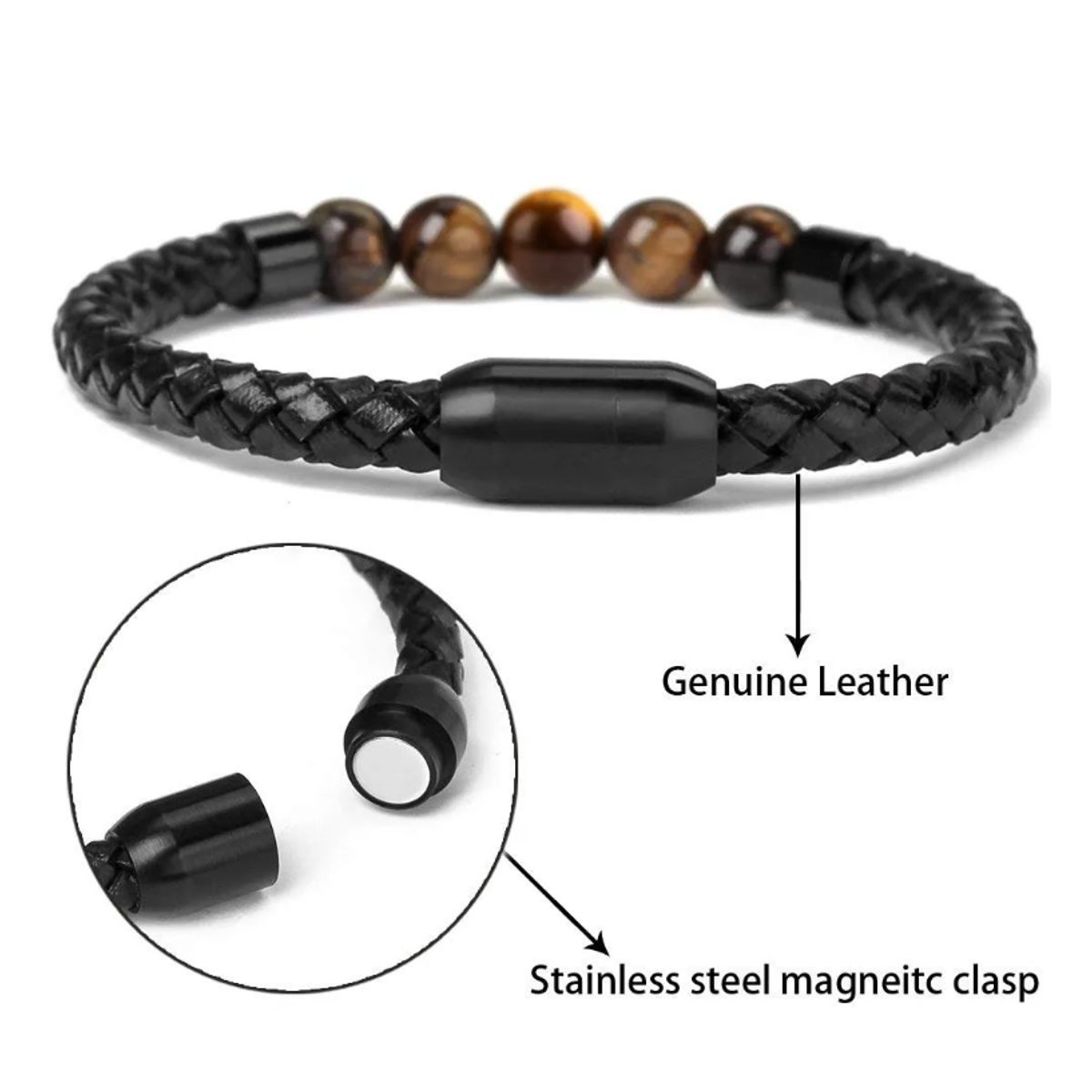GENERICO - Pulsera De Cuero Y Piedra Onix Y Ojo De Tigre Hombre Mujer
