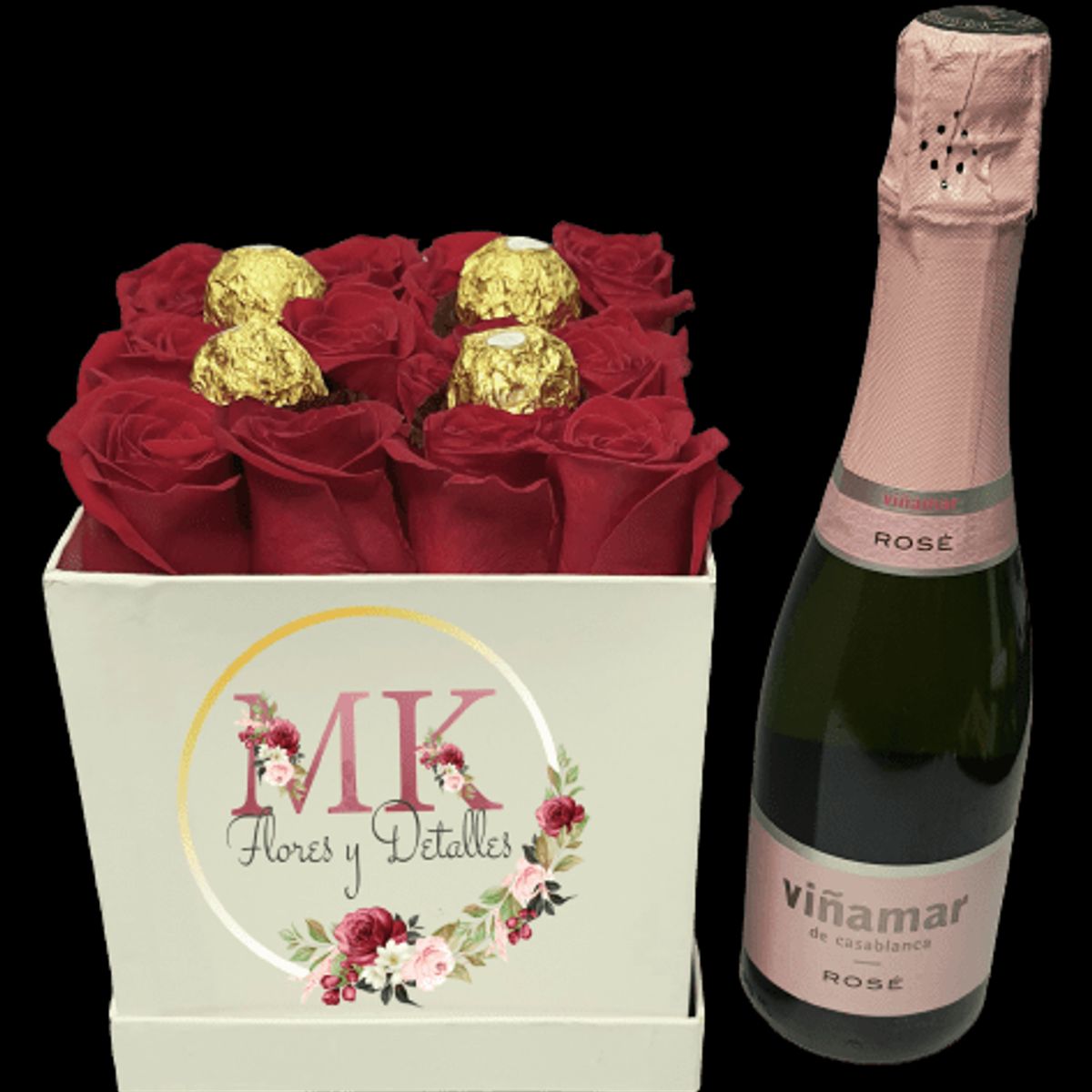 GENERICO - Box Cuadrado Rosas y Bombones más Espumante 375cc