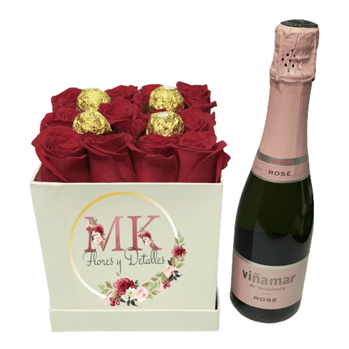 GENERICO - Box Cuadrado Rosas y Bombones más Espumante 375cc