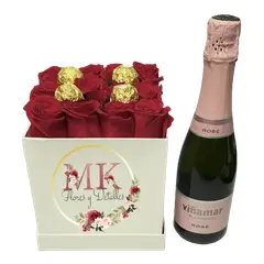 GENERICO - Box Cuadrado Rosas y Bombones más Espumante 375cc