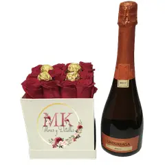 GENERICO - Box Cuadrado Rosas y Bombones más Espumante 750cc