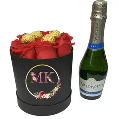 GENERICO - Box Cilindro de 8 Rosas y 4 Bombones más Espumante 375cc