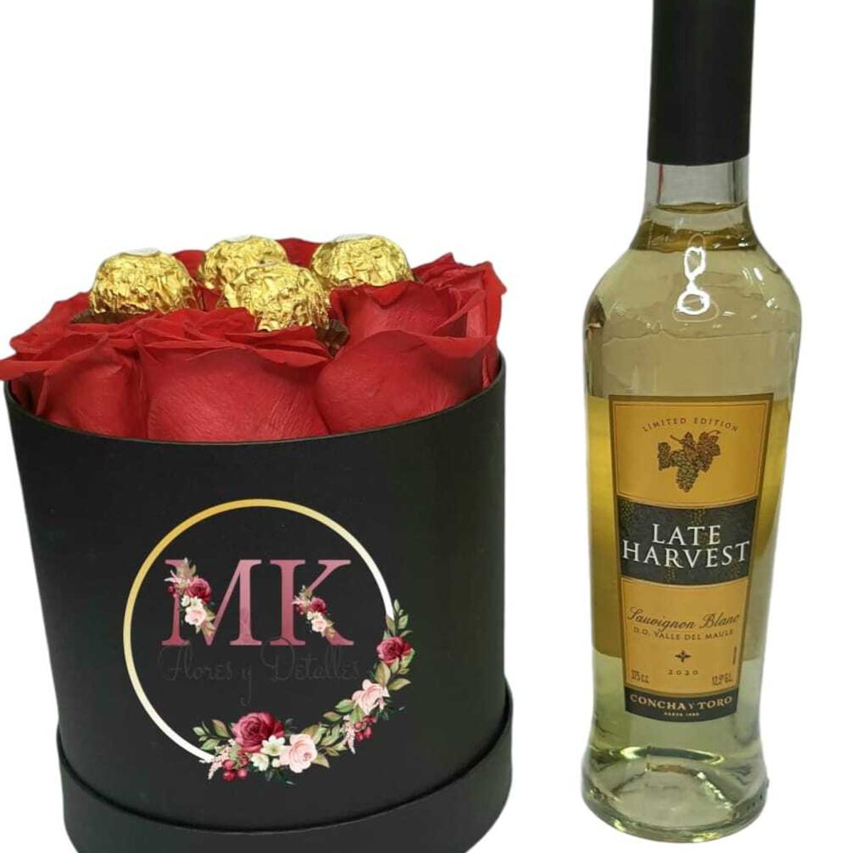 GENERICO - Box Cilindro de Rosas y Bombones más Vino Late Harvest