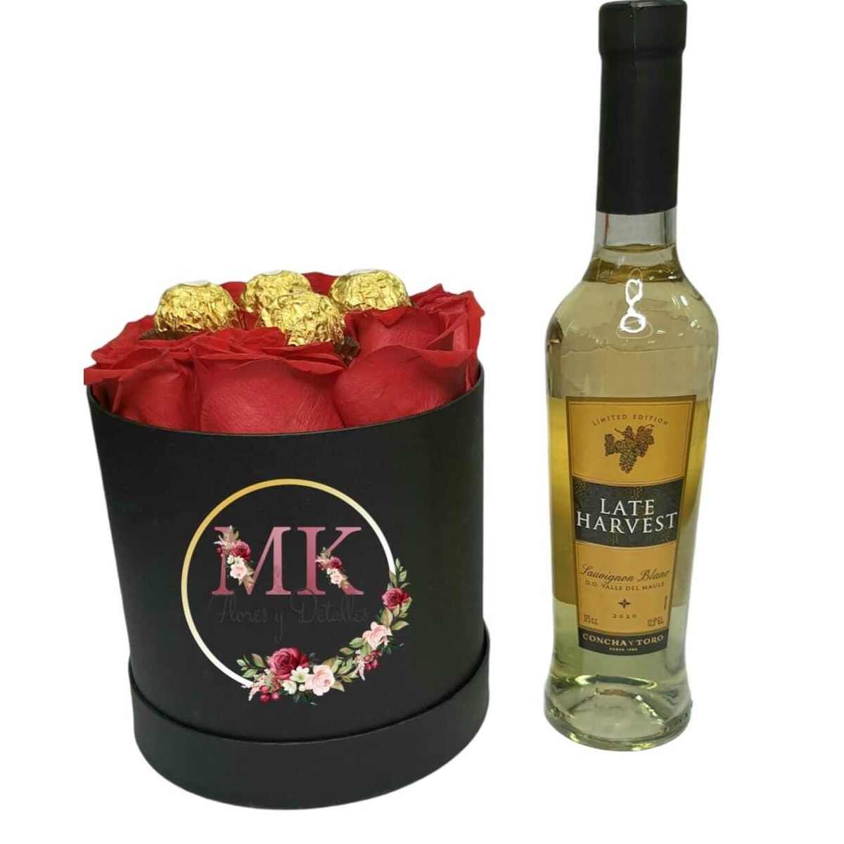 GENERICO - Box Cilindro de Rosas y Bombones más Vino Late Harvest