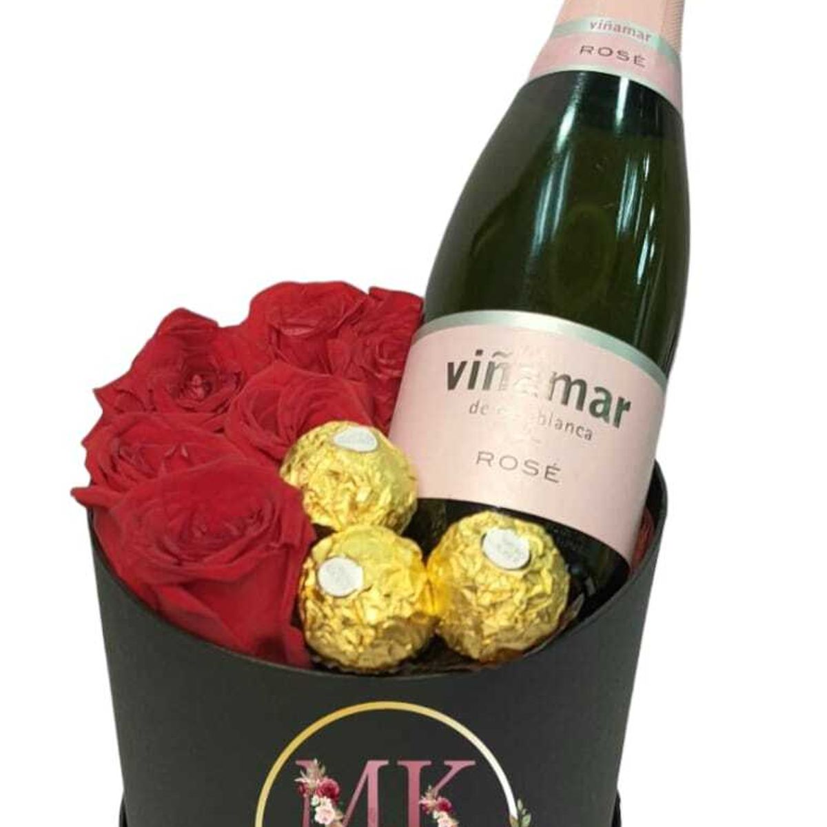 GENERICO - Box Cilindro de 6 Rosas Bombones con Espumante Rose 375cc