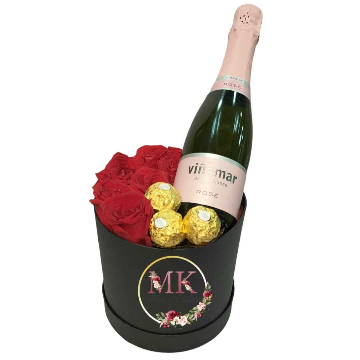 GENERICO - Box Cilindro de 6 Rosas Bombones con Espumante Rose 375cc