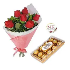 GENERICO - Ramo de 6 Rosas y Bombones Ferrero Rocher 150grs