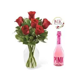 GENERICO - Florero de 6 Rosas y Espumante Pink 750cc
