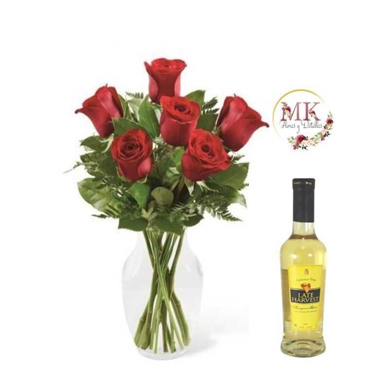 GENERICO - Florero de 6 Rosas y Vino Late Harvest