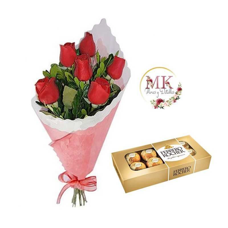 GENERICO - Ramo de 6 Rosas y Bombones Ferrero Rocher 100 grs