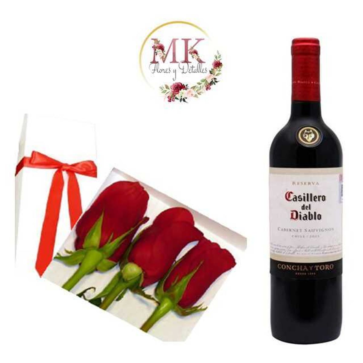 GENERICO - Caja de 3 Rosas y Vino 750cc