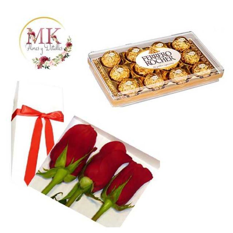 GENERICO - Caja de 3 Rosas y Bombones Ferrero Rocher 150grs