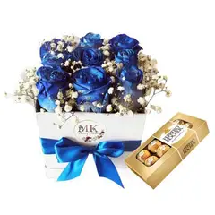 GENERICO - Box Cuadrado 9 Rosas Azules y Bombones Ferrero Rocher 100grs