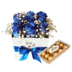 GENERICO - Box Cuadrado 9 Rosas Azules y Bombones Ferrero Rocher 150grs