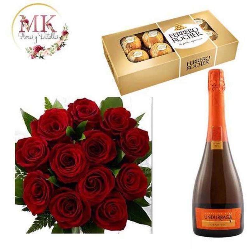 GENERICO - Ramo 12 Rosas Bombones Ferrero Rocher 100 y Espumante