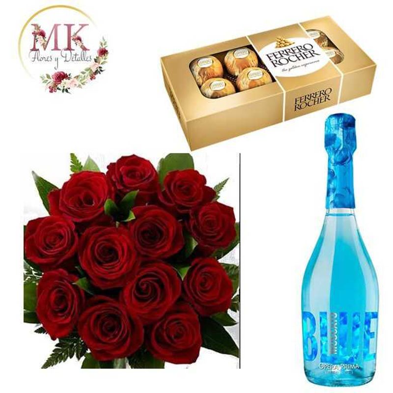 GENERICO - Ramo 12 Rosas Bombones Ferrero Rocher 100 y Espumante Blue