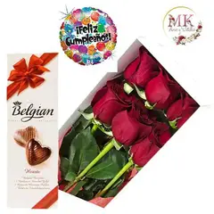 GENERICO - Caja de 6 Rosas Chocolate Belgian y Globo