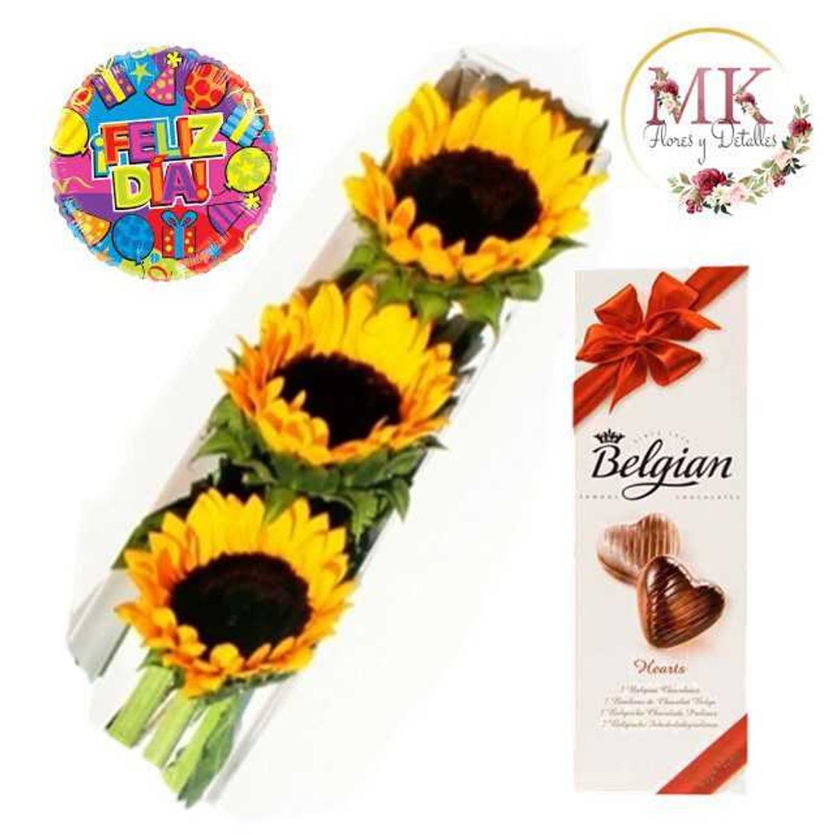 GENERICO - Caja de 3 Girasoles Chocolates Belgian y Globo