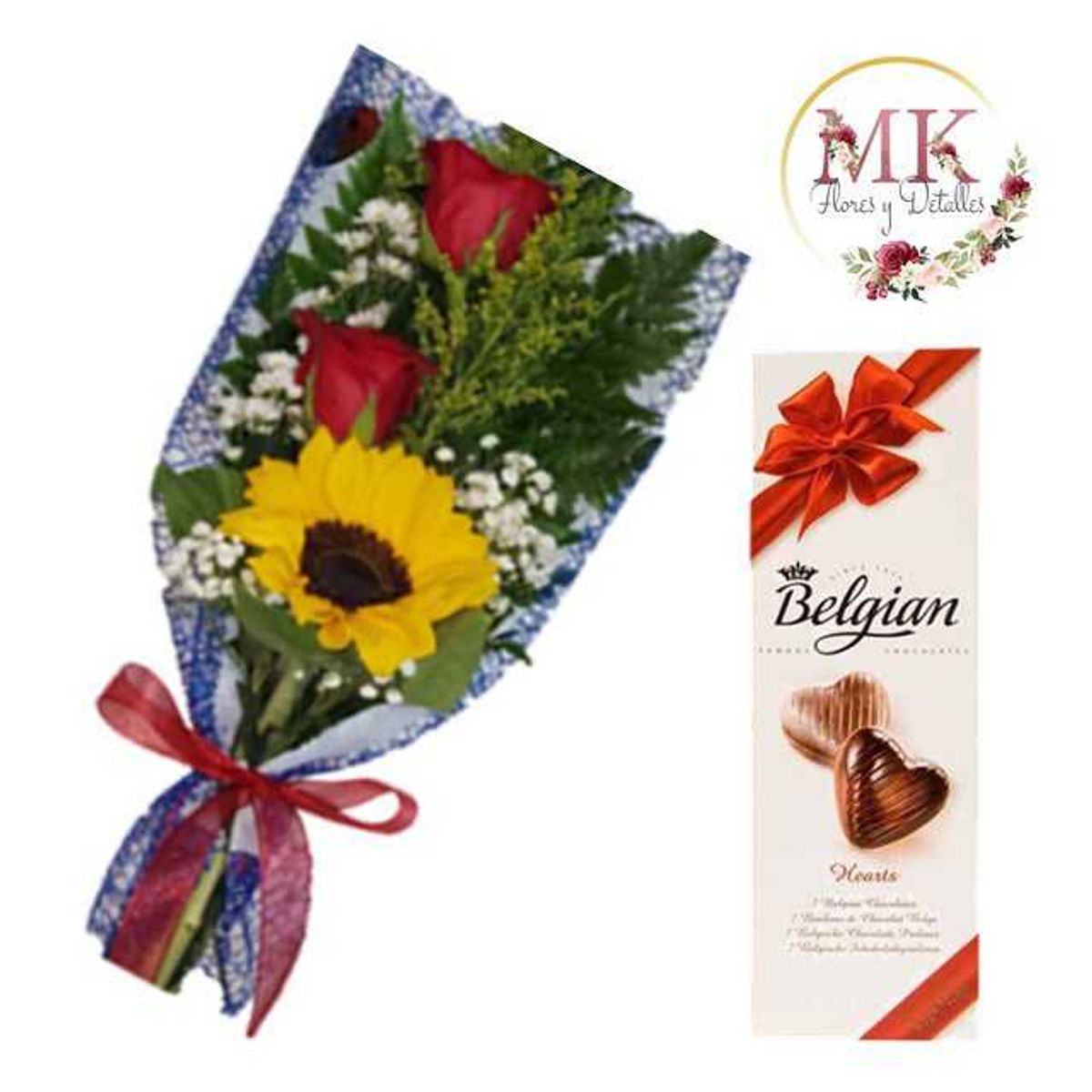 GENERICO - Ramito 2 Rosas y 1 Girasol más Chocolates Belgian