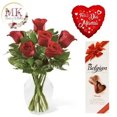 GENERICO - Florero de 6 Rosas Bombones Belgian y Globo