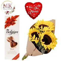 GENERICO - Ramo de 3 Girasoles Bombones Belgian y Globo