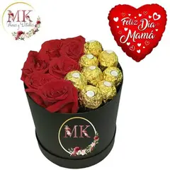 GENERICO - Box Cilindro con Rosas mitad Bombones y Globo