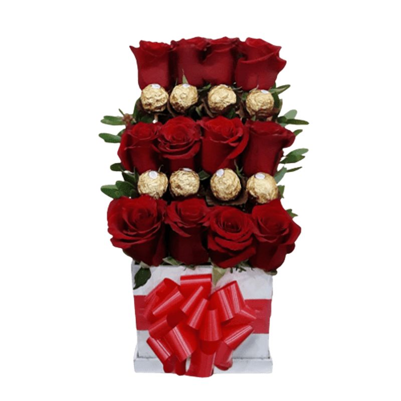 GENERICO - Box Cuadrado de 12 Rosas y Bombones Ferrero Rocher