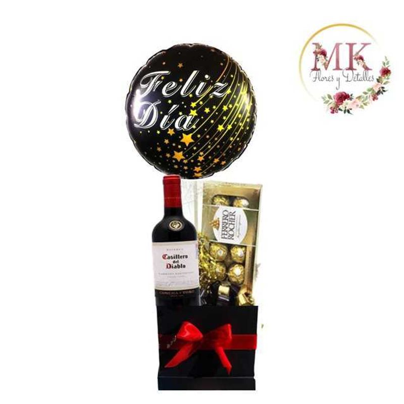 GENERICO - Box Cuadrado de Vino Bombones Ferrero Rocher y Globo