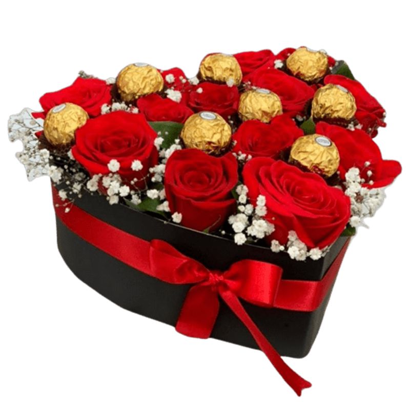 GENERICO - Box Corazón 10 Rosas y 8 Bombones Ferrero