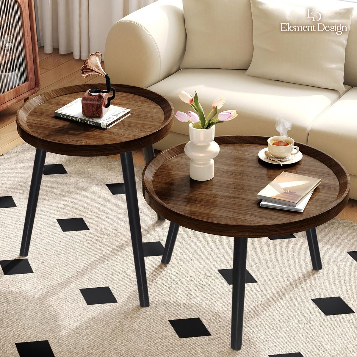 ELEMENT DESIGN - Set de 2 Mesas de Centro Nido Redondas Apilables 60+50 CM Moderna