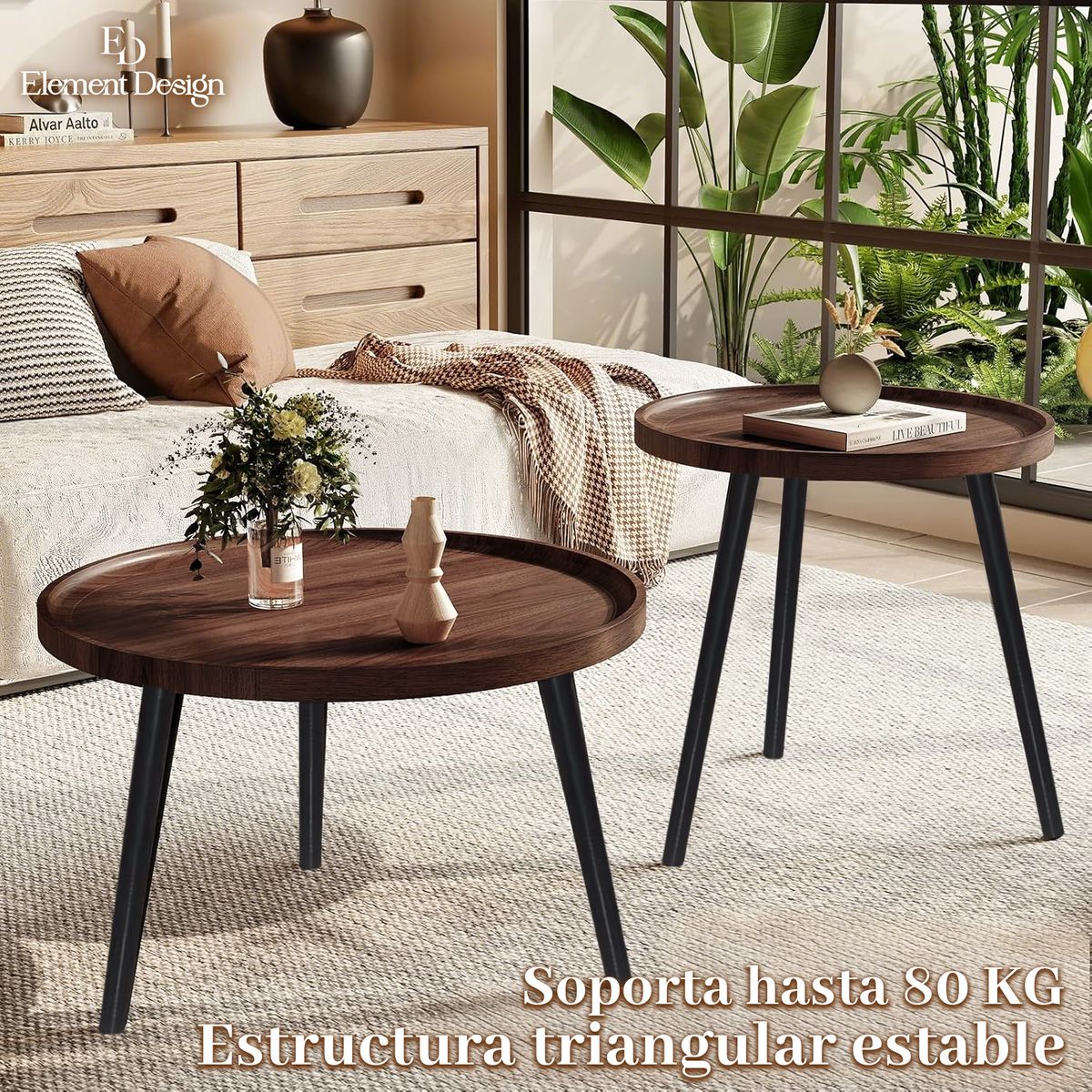 ELEMENT DESIGN - Set de 2 Mesas de Centro Nido Redondas Apilables 60+50 CM Moderna