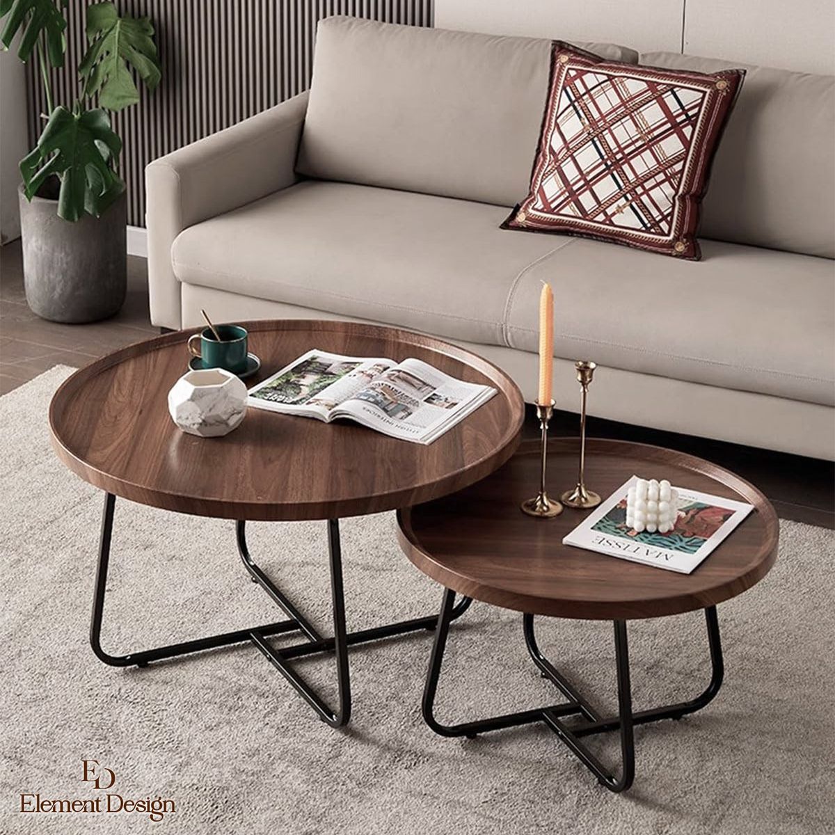 ELEMENT DESIGN - Set de 2 Mesas de Centro Nido Redondas 70+50 CM con Patas Metálicas