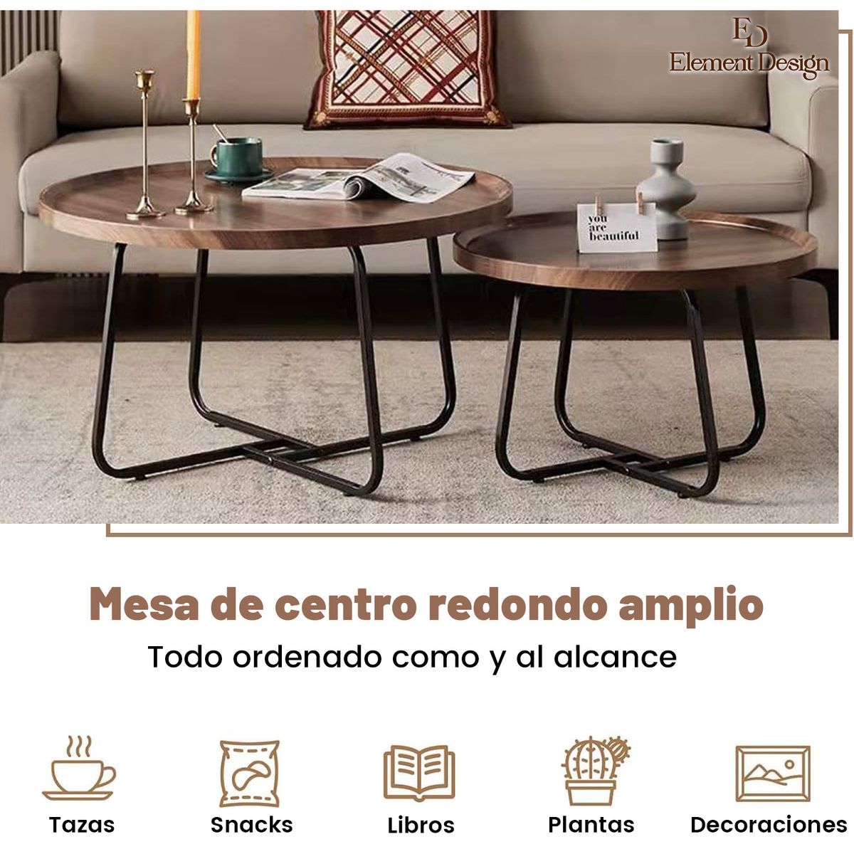 ELEMENT DESIGN - Set de 2 Mesas de Centro Nido Redondas 70+50 CM con Patas Metálicas