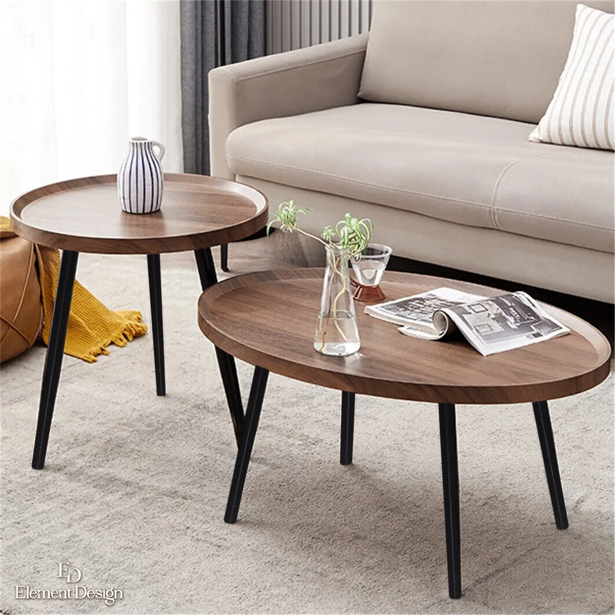 ELEMENT DESIGN - Set 2 Mesas de Centro Nido Redondas Apilables 80+50 CM Moderna Nogal