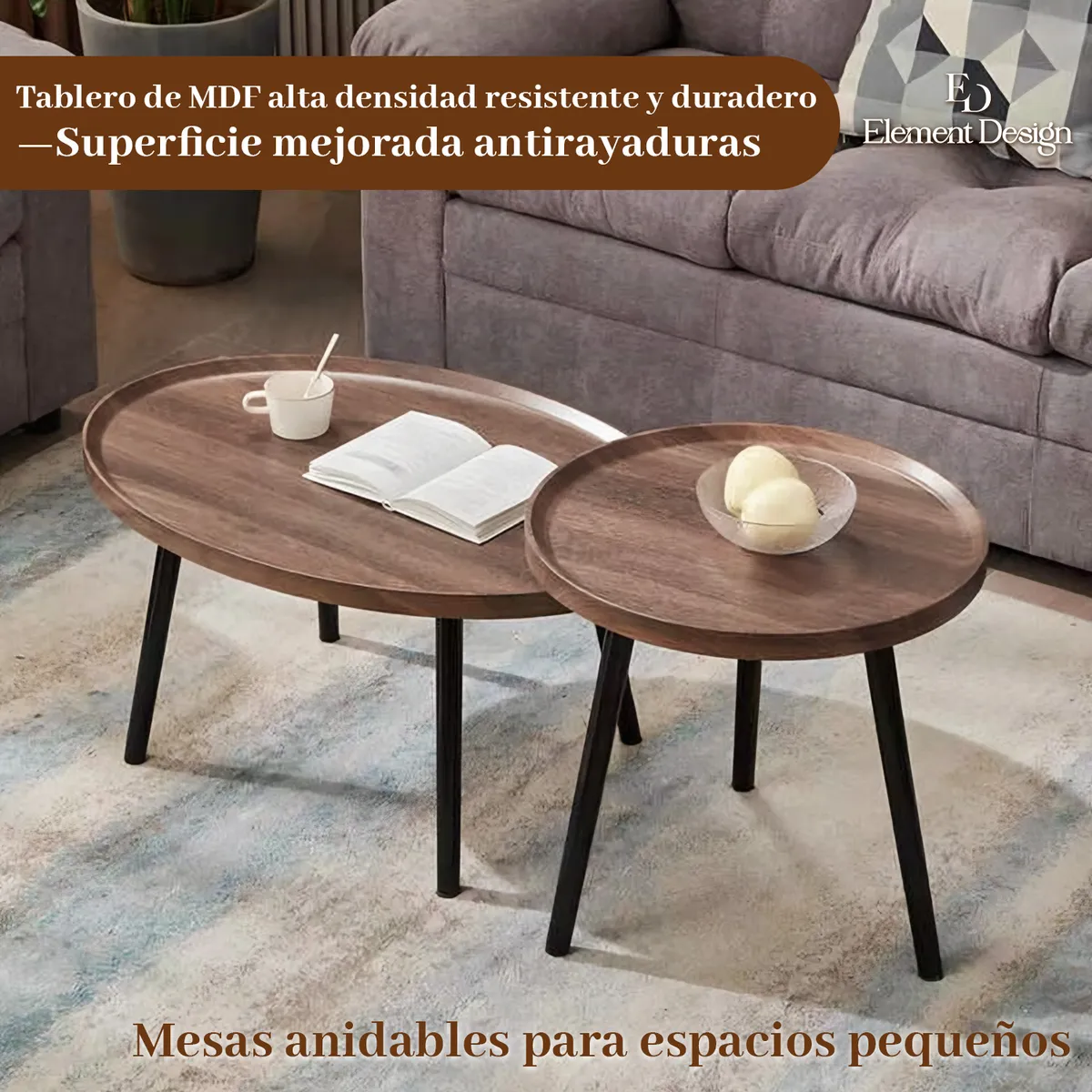 ELEMENT DESIGN - Set 2 Mesas de Centro Nido Redondas Apilables 80+50 CM Moderna Nogal