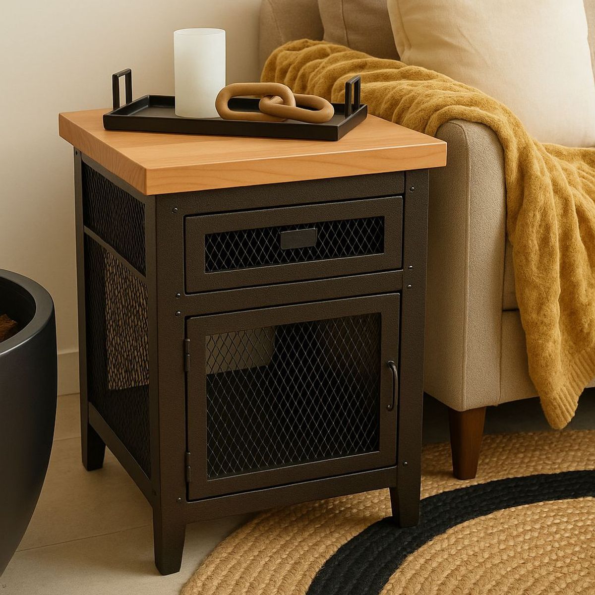 GENERICO - Velador industrial con toque de madera y rejilla diseño nórdico