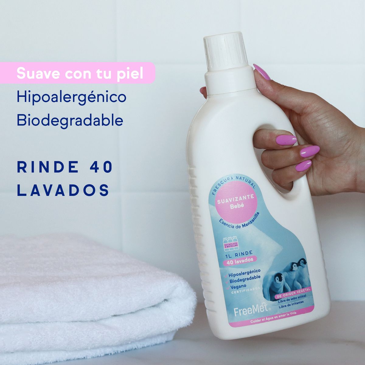 FREEMET - Suavizante Bebé 1L Hipoalergénico aroma manzanilla Freemet Ecológico rinde 40 lavados