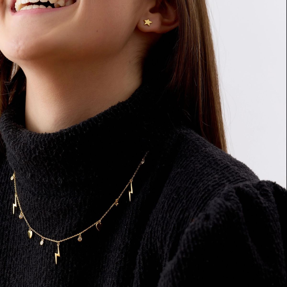 TIANA JOYAS - Collar con Circones, Rayos y Corazones de Plata 925 enchapado en Oro 18k