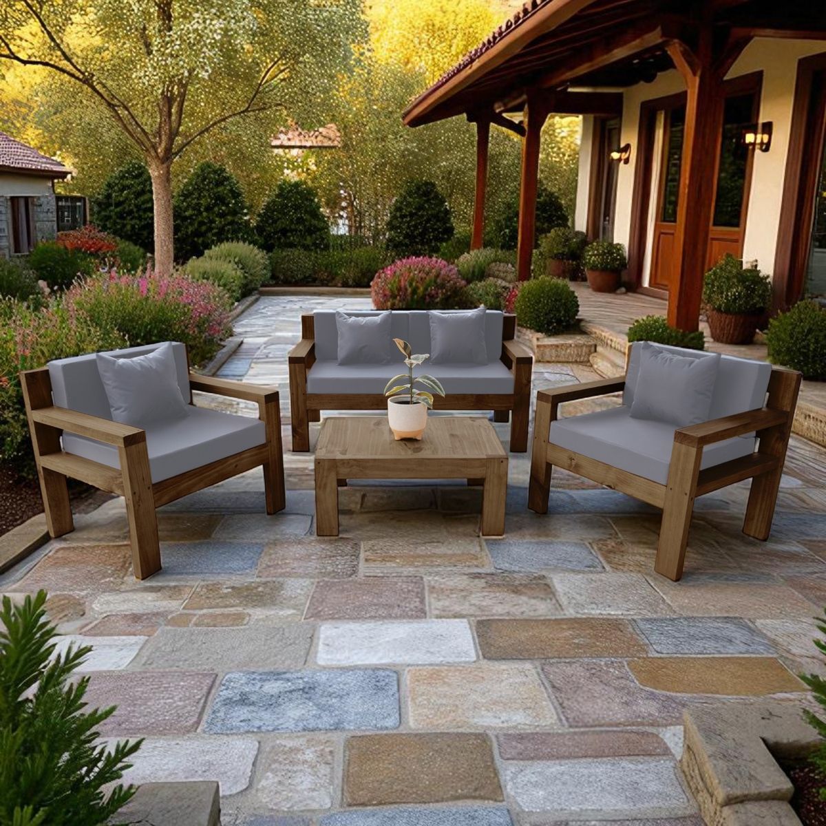 MIARUSTE - TERRAZA RÚSTICA MIARUSTE AMBAR 4 CUERPOS COLOR MADERA ROBLE COJINERÍA GRIS MEDIO