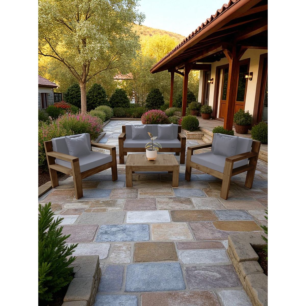 MIARUSTE - TERRAZA RÚSTICA MIARUSTE AMBAR 4 CUERPOS COLOR MADERA ROBLE COJINERÍA GRIS MEDIO