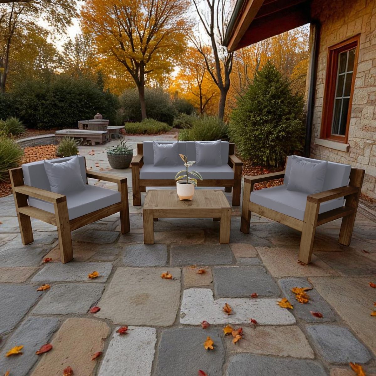 MIARUSTE - TERRAZA RÚSTICA MIARUSTE AMBAR 4 CUERPOS COLOR MADERA ROBLE COJINERÍA GRIS MEDIO