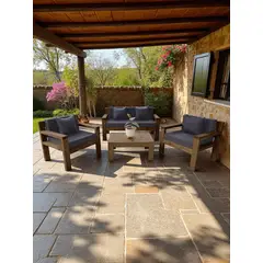 MIARUSTE - TERRAZA RÚSTICA AMBAR 4 CUERPOS COLOR MADERA ROBLE COJINERÍA GRIS OSC.