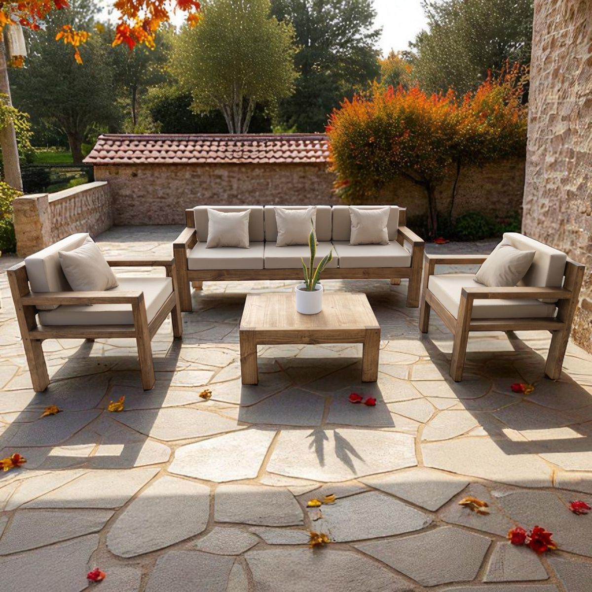 MIARUSTE - TERRAZA RÚSTICA MIARUSTE MODELO AMBAR 5 CUERPOS COLOR ROBLE COJINERÍA BEIGE.