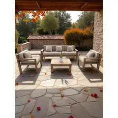 MIARUSTE - TERRAZA RÚSTICA MODELO AMBAR 5 CUERPOS COLOR ROBLE COJINERÍA BEIGE