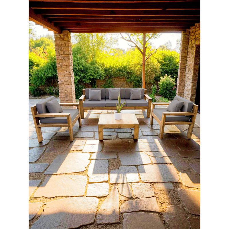 MIARUSTE - TERRAZA RÚSTICA MIARUSTE MODELO AMBAR 5 CUERPOS COLOR ROBLE COJINERÍA GRIS MEDIO