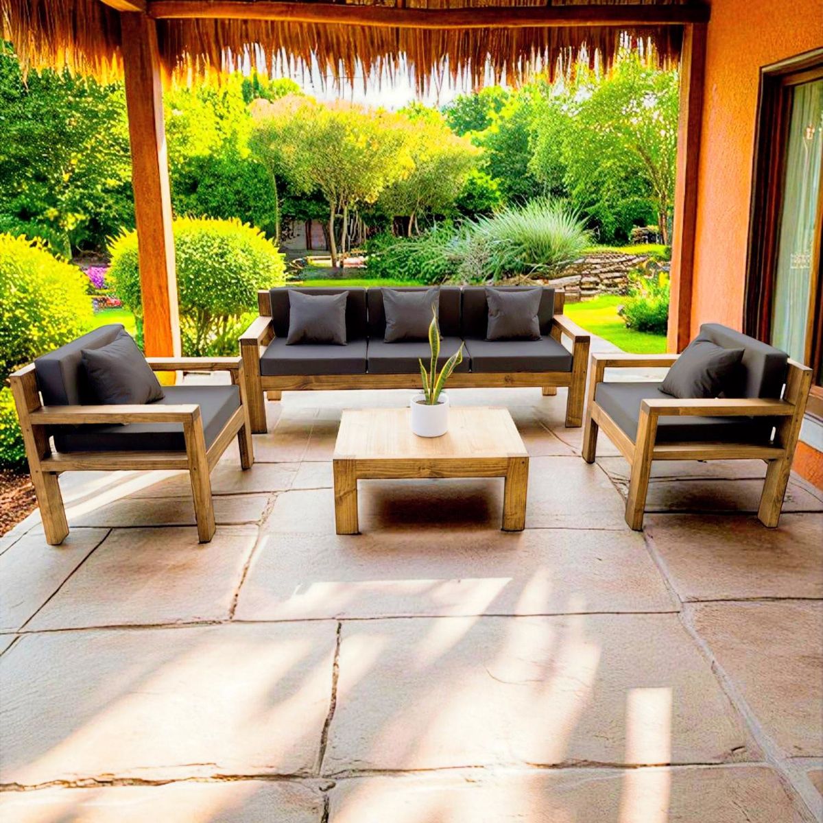 MIARUSTE - TERRAZA RÚSTICA MIARUSTE MODELO AMBAR 5 CUERPOS COLOR ROBLE COJINERÍA GRIS OSC